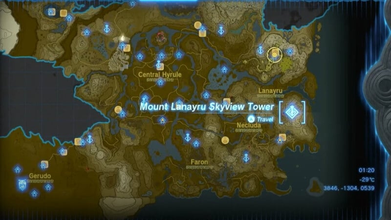 Mount Lanayru Skyview Tower Location in Zelda: Tears of the Kingdom.