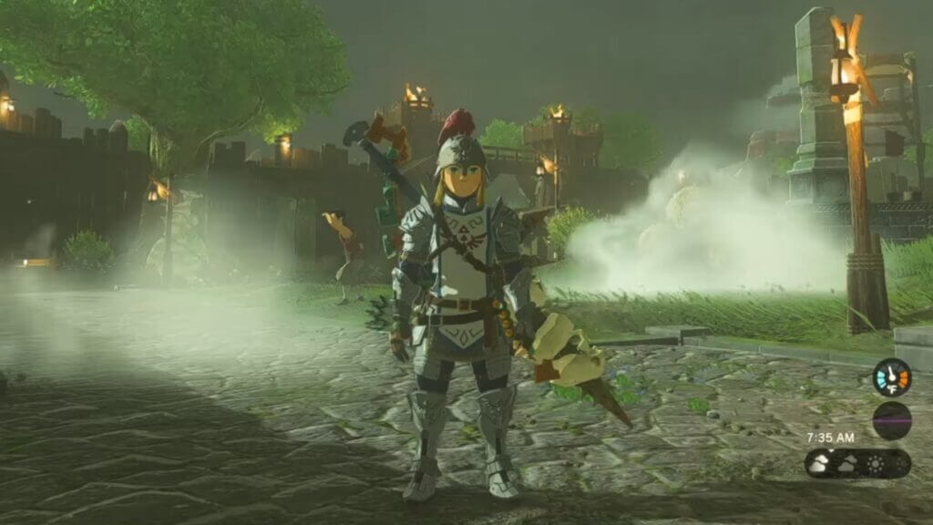 The full Soldier's Armor set with Soldier's Greaves in Zelda Tears of the Kingdom.