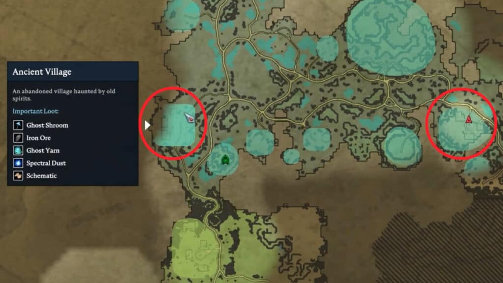 A map showing where you can get Ghost Shrooms in V Rising
