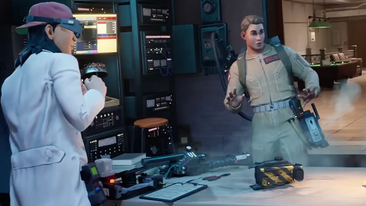 Ghostbusters Spirits Unleashed characters interacting with lab equipment