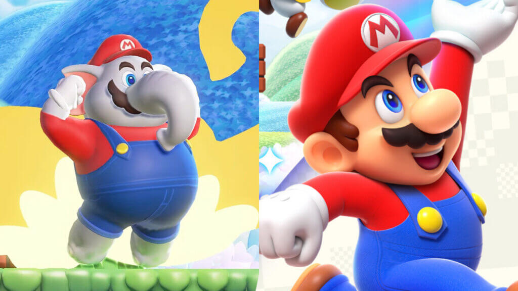 Elephant Mario and closeup of normal Mario