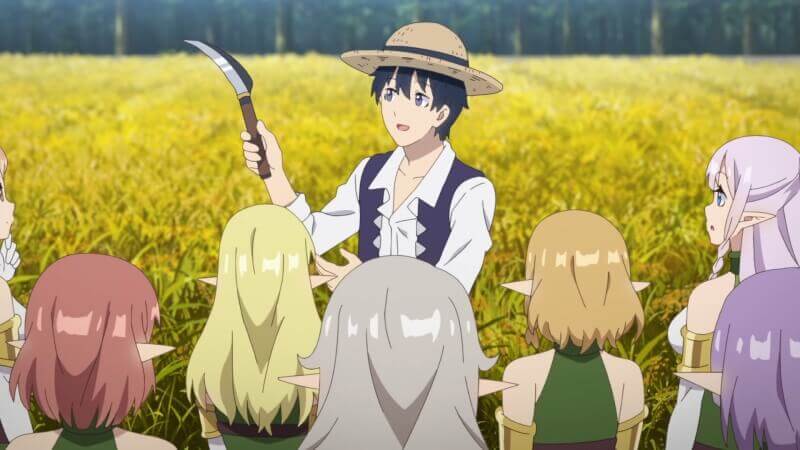 Hiraku showing a scythe to his female companions in Farming Life in Another World