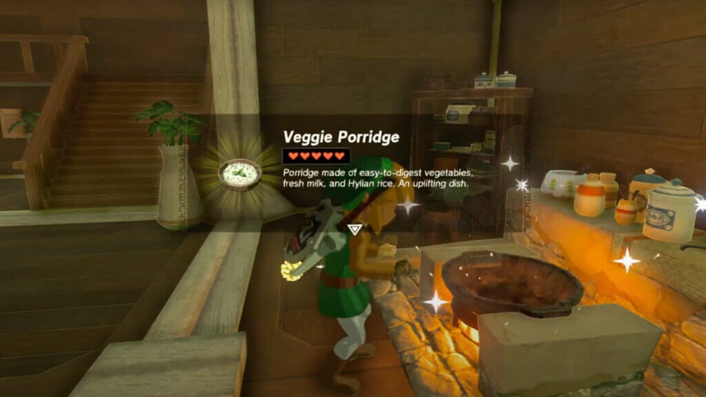 Link is cooking Veggie Porridge Recipe in Zelda: Tears of the Kingdom