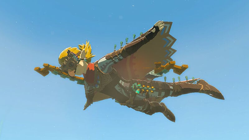Link gliding through the air with his TOTK Glider Suit.