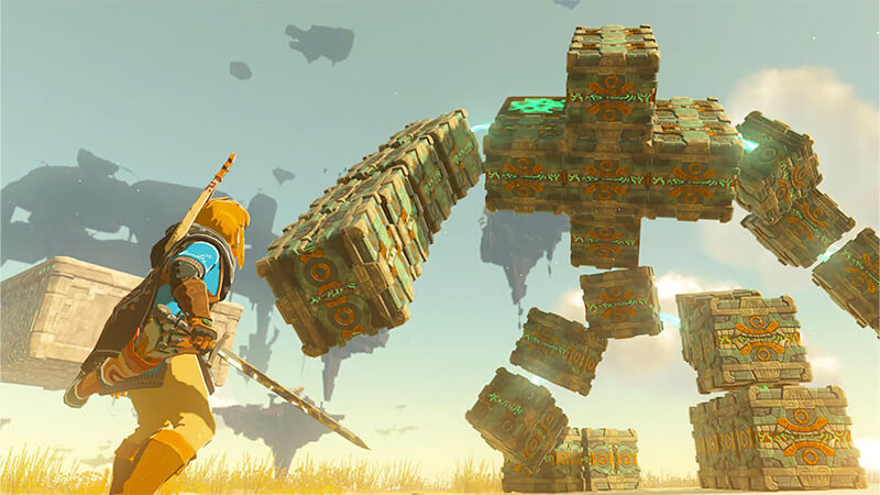 Link faces off against a large box creature in TOTK.