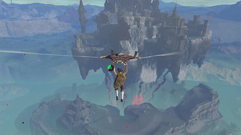 Link gliding through the air in Tears of the Kingdom.