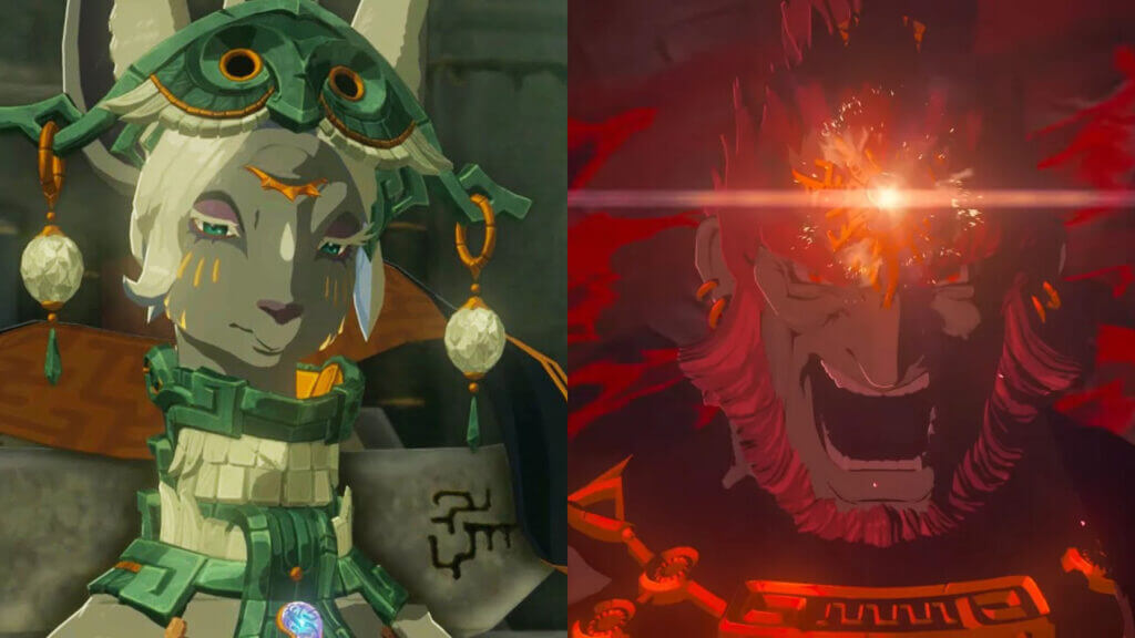 Legend of Zelda: Tears of the Kingdom close-up shots of Mineru and Ganondorf.