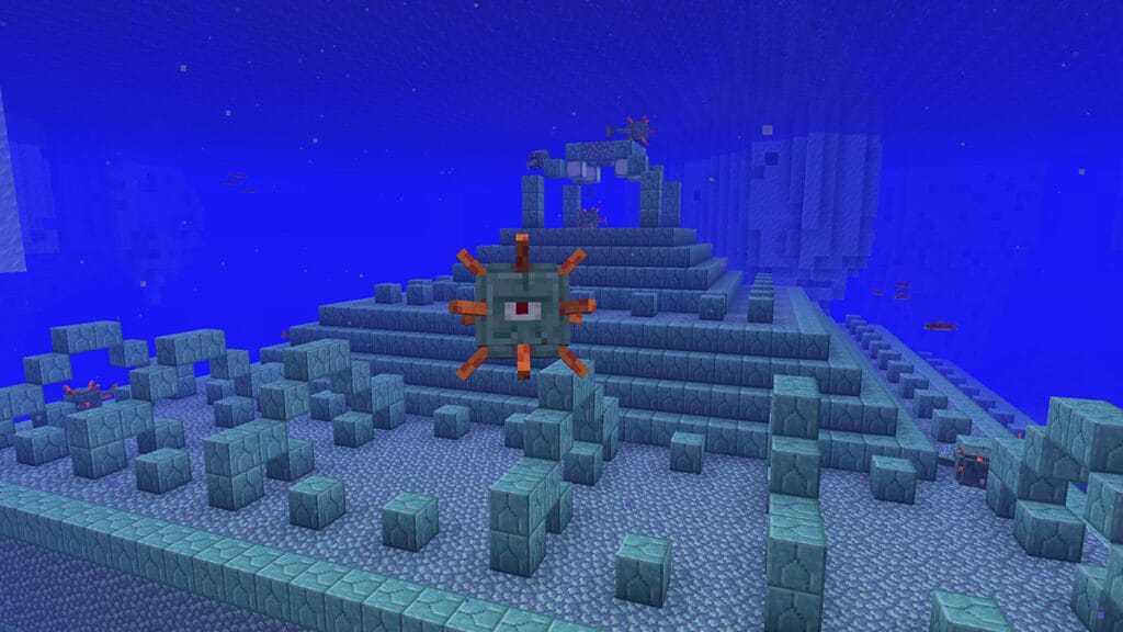 ocean monument in minecraft with awkwardly staring guardian