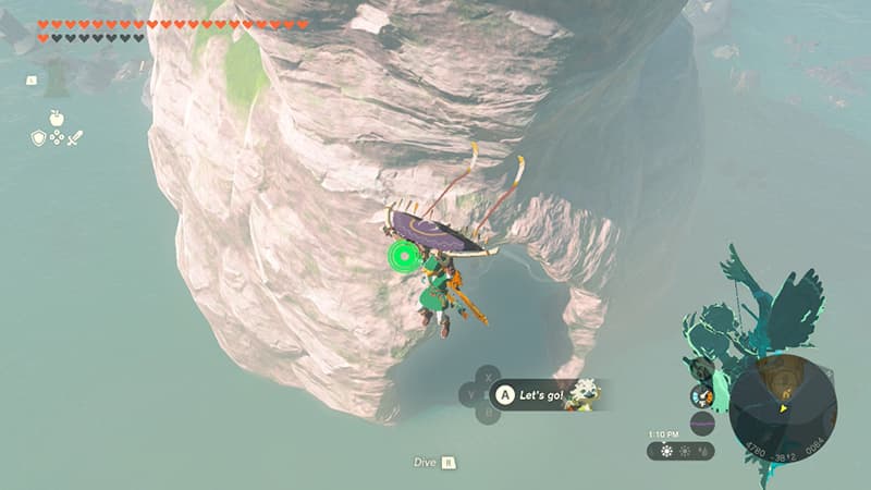 Link gliding down to the cave for the Eventide Island Shrine in Tears of the Kingdom