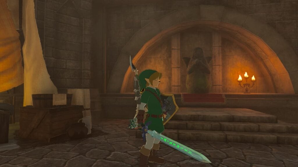 Link holding the Master Sword in Tears of the Kingdom.