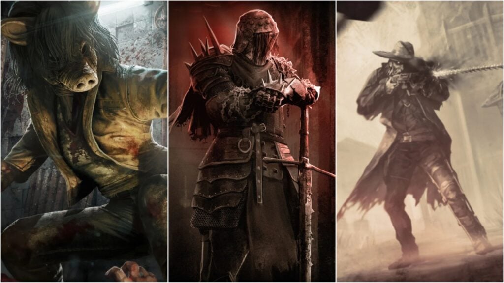 A collage of three of Dead by Daylight's easiest killers: Pig, Knight, and Deathslinger.