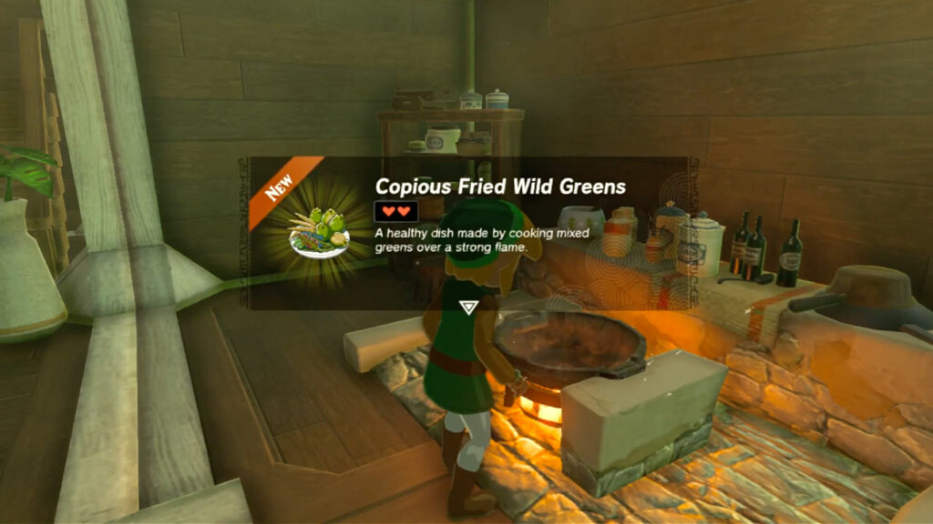 Link is cooking Copious Fried Wild Greens Recipe in Zelda: Tears of the Kingdom