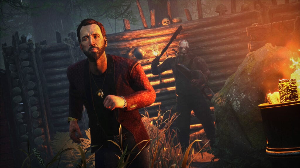 Nicolas Cage runs from the Trapper in Dead by Daylight.