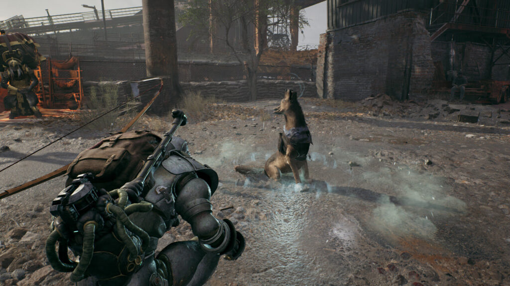 A dog howls while his Handler watches in Remnant 2.