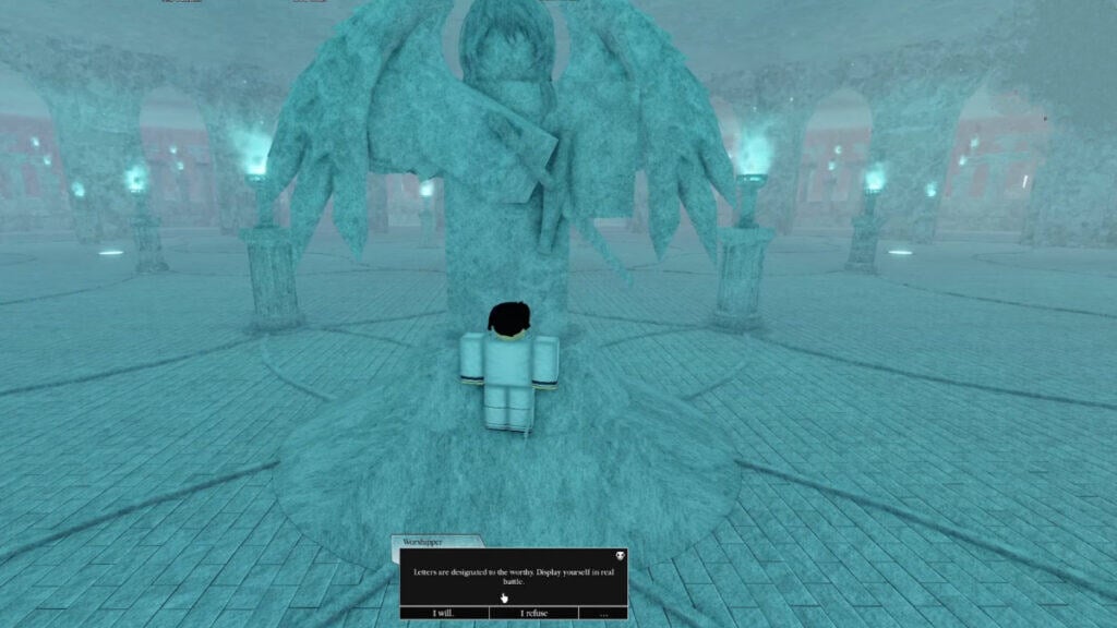 The player interacts with the statue that commands them to hunt enemies to get Schrift in Type Soul