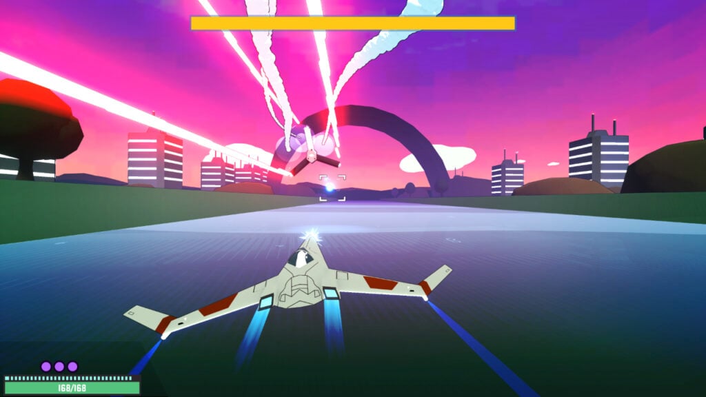 The player's ship racing toward a pink horizon in Whisker Squadron: Survivor.