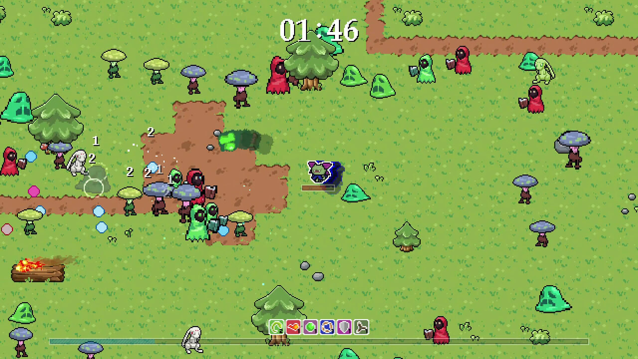 Battling a horde of enemies in a field in Whispike Survivors: Sword of the Necromancer.