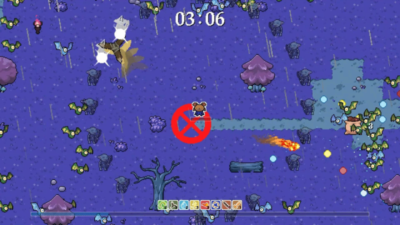 The player is surrounded by enemies in Whispike Survivors: Sword of the Necromancer.