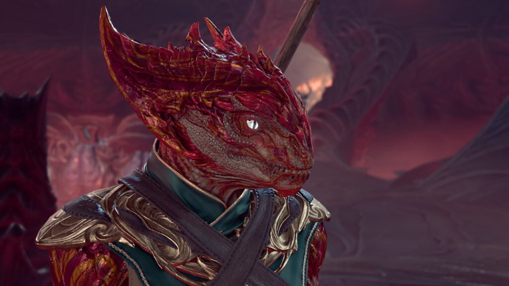 Closeup of a Dragonborn Sorcerer in Baldur's Gate 3
