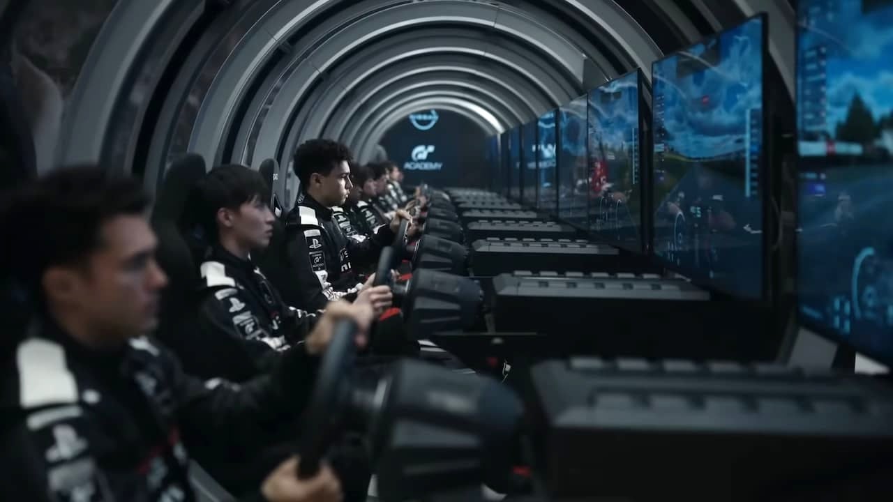 Gamers playing Gran Turismo at GT Academy in the Gran Turismo movie