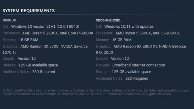 Starfield Steam minimum and required specifications