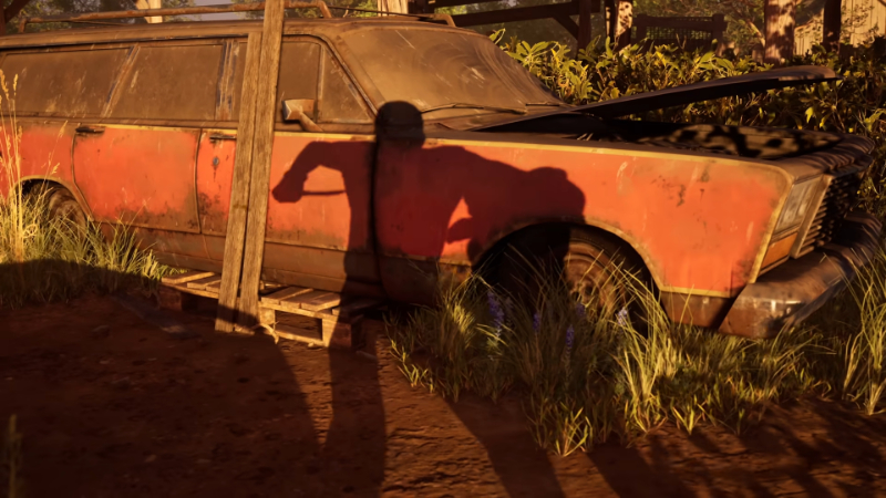 The shadows of a killer and victim fighting in multiplayer survival game The Texas Chain Saw Massacre