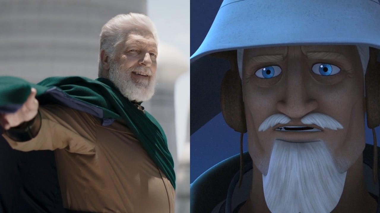 Side-by-side image of Clancy Brown as Ryder Azadi in Ahsoka and Rebels