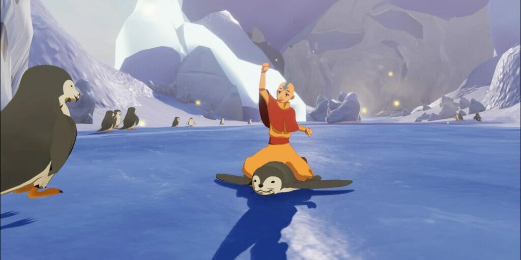 Aang on a penguin in Avatar The Last Airbender Quest for Balance