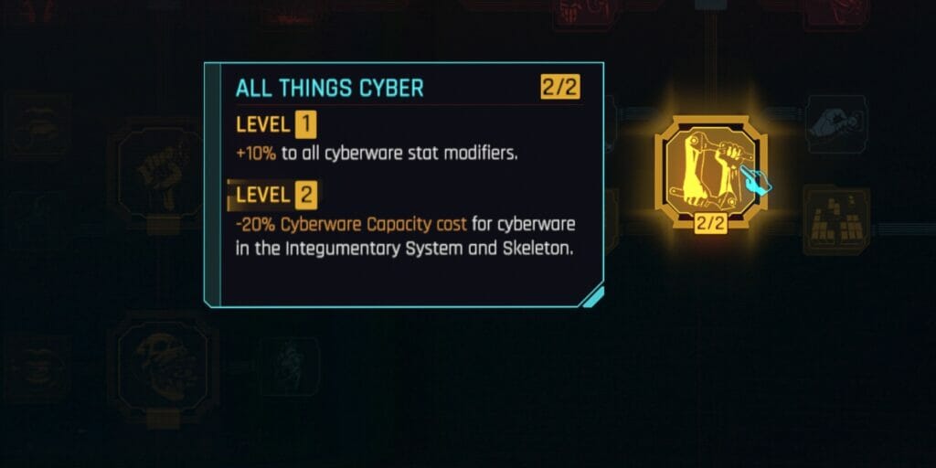 All Things Cyber, one of the best Technical Ability Perks in Cyberpunk 2077