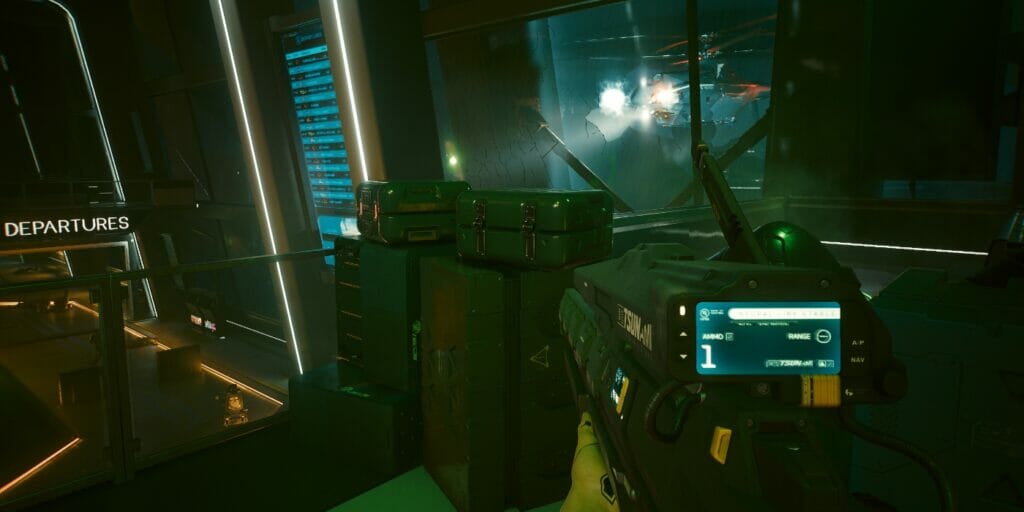 The attack helicopter descends on V in Cyberpunk 2077