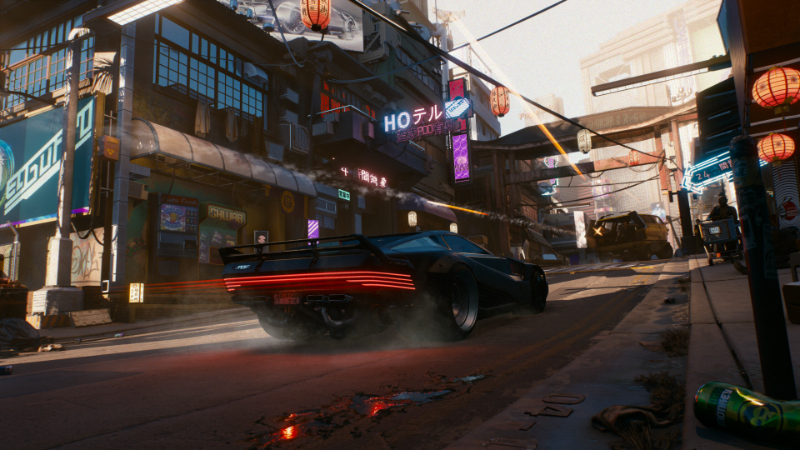 A car races through the streets of Night City in CD Projekt Red's dystopian game, prior to Phantom Liberty
