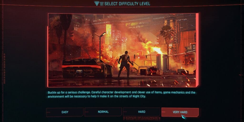 The difficulty selection screen in Cyberpunk 2077