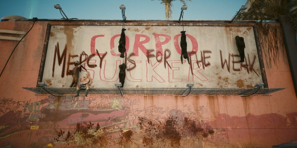 A graffiti-covered sign in Dogtown in Cyberpunk 2077