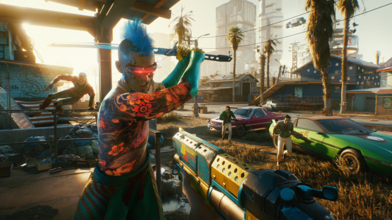 A gang member attacks the player in Cyberpunk 2077