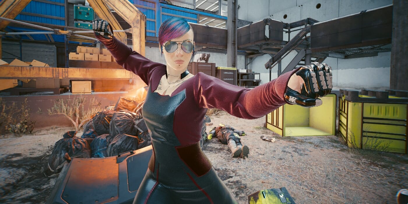 V posing with Gorilla Arms in Cyberpunk 2077
