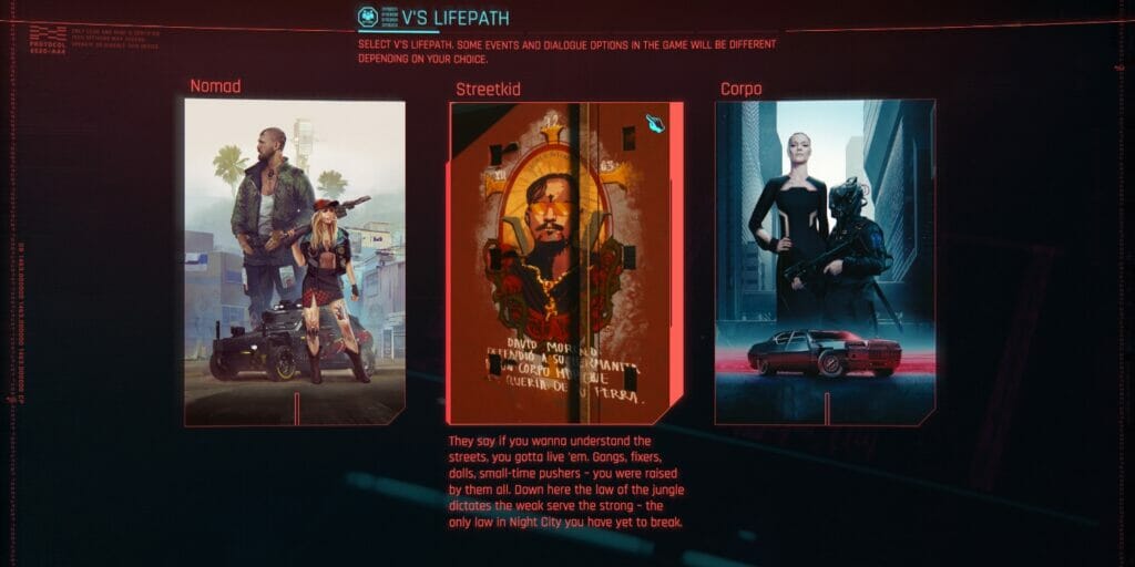 Lifepath selection screen, which the player can revist after beating Phantom Liberty