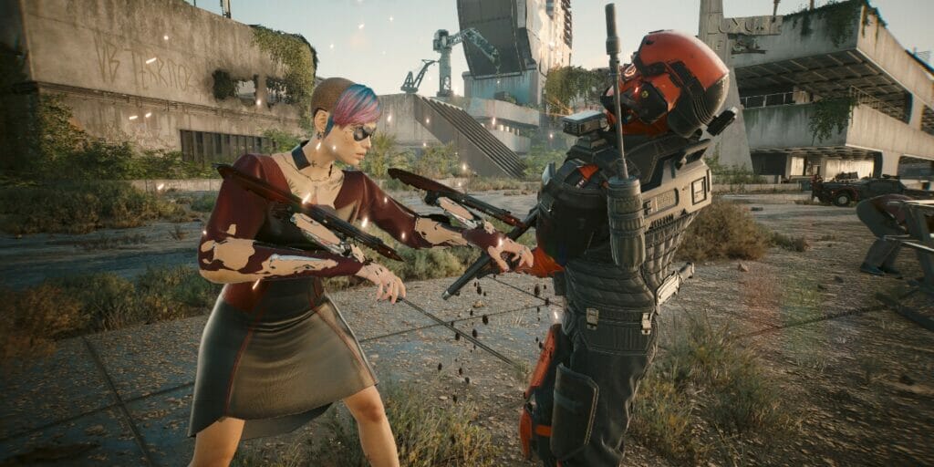 V attacks with her Mantis Blades, part of the 2.0 Mantis Blades build in Cyberpunk 2077