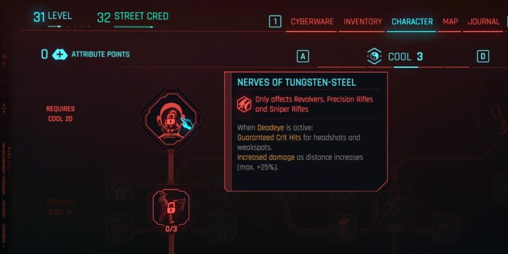 Nerves of Tungsten-Steel, one of the best Perks in Cyberpunk 2077