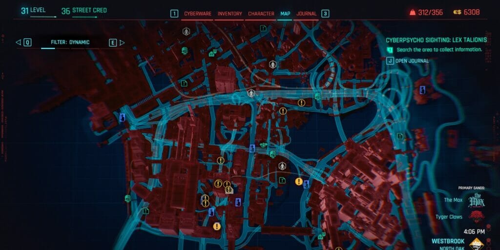 The map of Night City in Cyberpunk 2077
