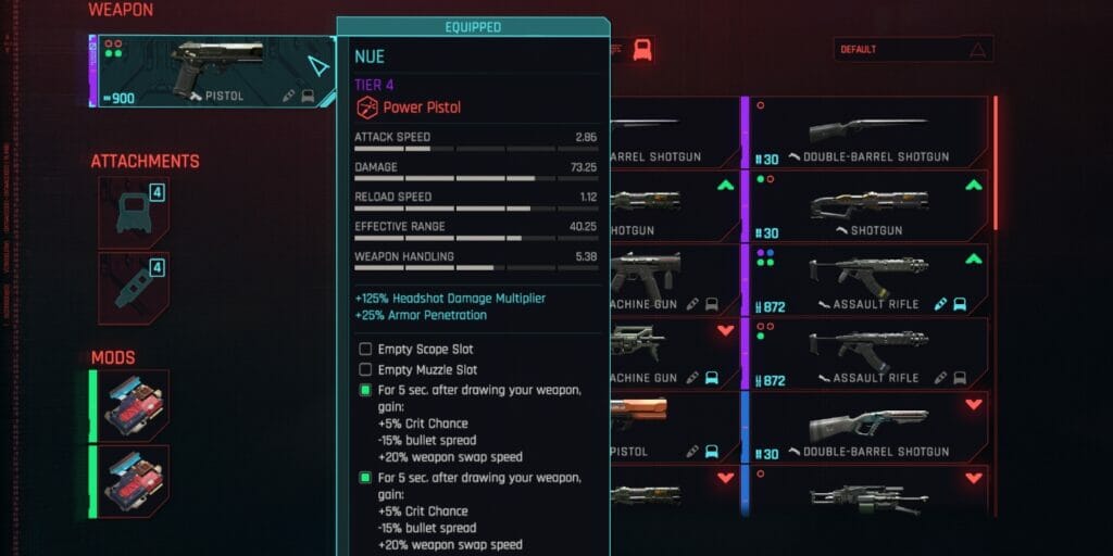 The Nue pistol, part of the best 2.0 assassin build in Cyberpunk 2077