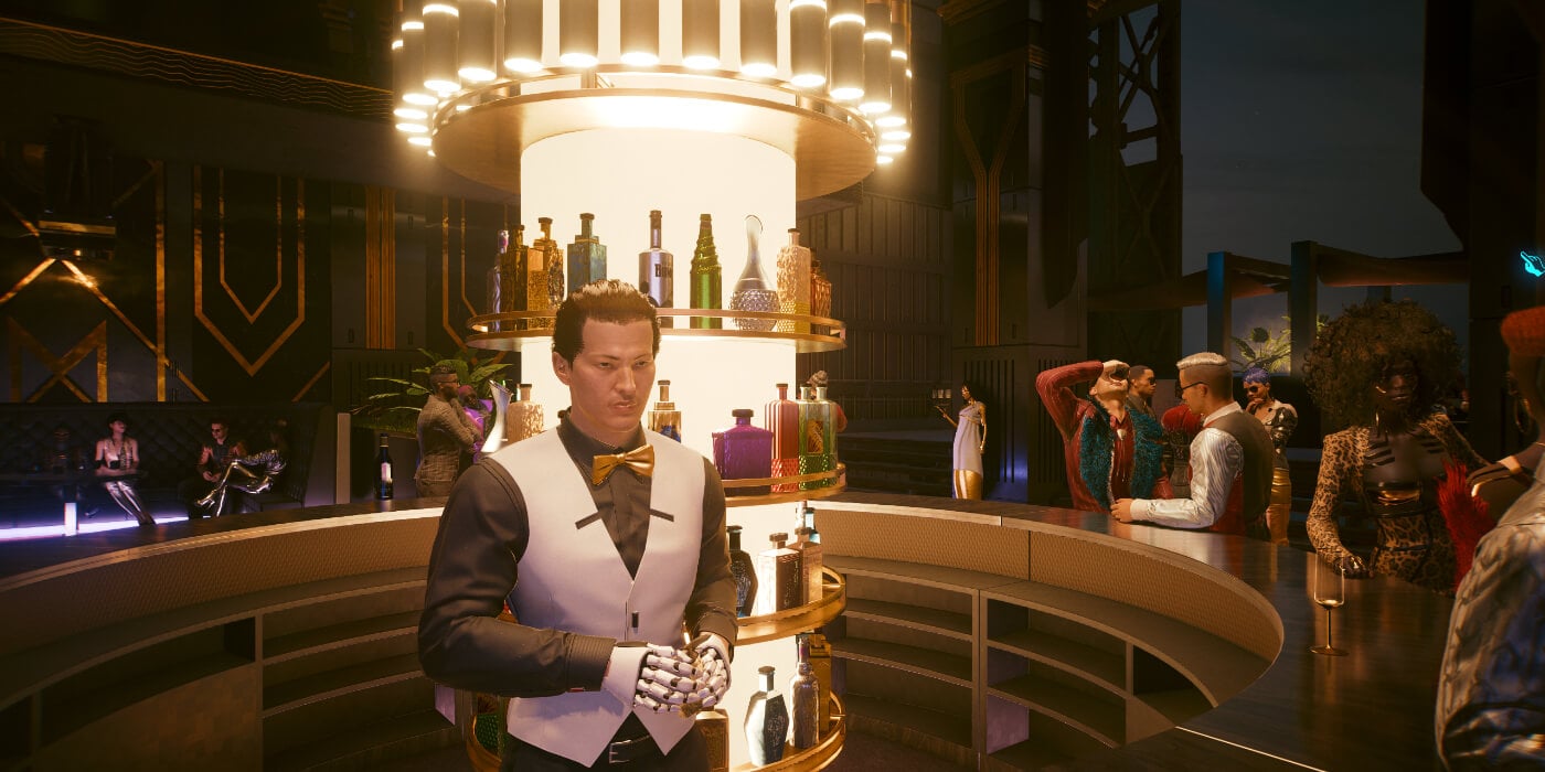 A bar tender at a social event in CD Projekt Red's new DLC