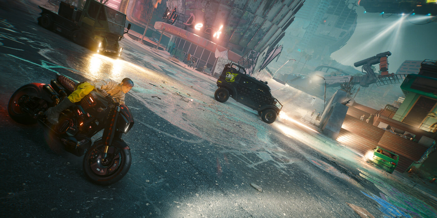 V does battle on a motorcycle in CD Projekt Red's new DLC