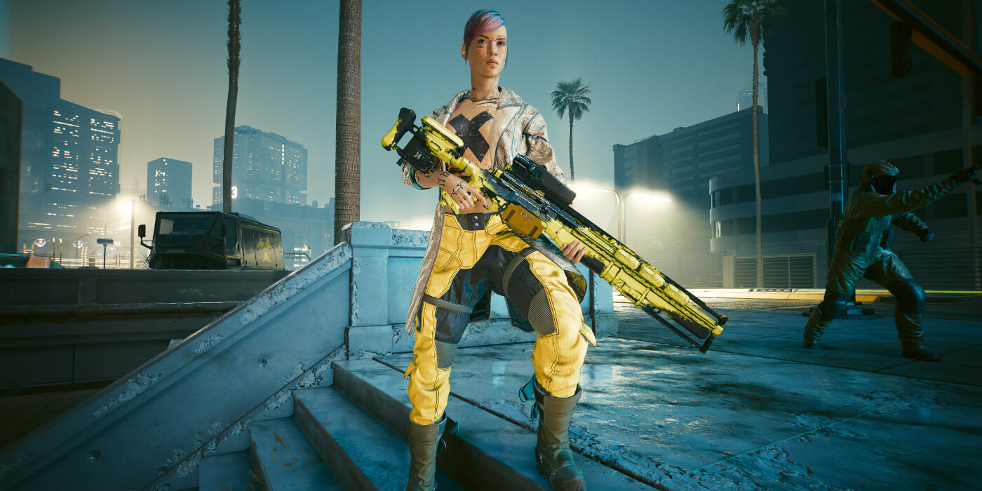 V posing with a gun in Cyberpunk 2077: Phantom Liberty