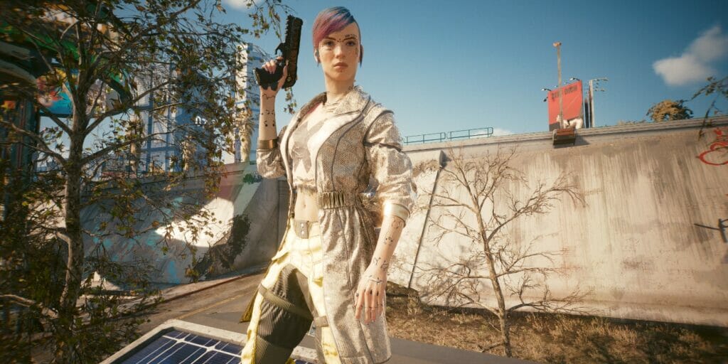 V posing with a pistol in Cyberpunk 2077