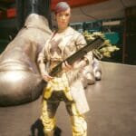 V posing with a shotgun in Cyberpunk 2077