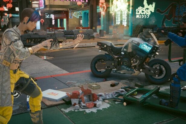 A tense showdown between V and a police officer in Cyberpunk 2077