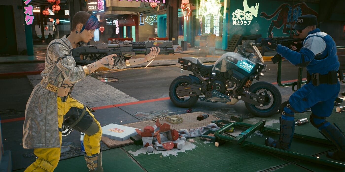 A tense showdown between V and a police officer in Cyberpunk 2077