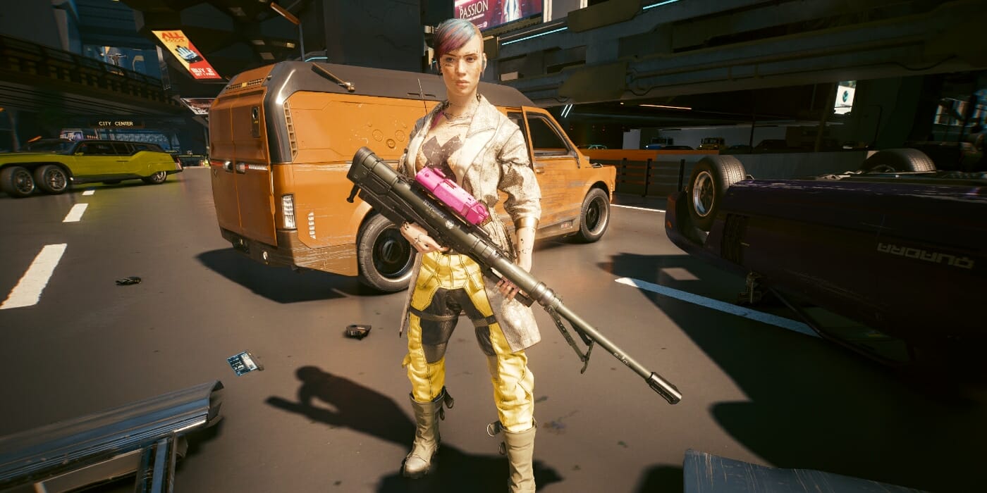 V poses with a sniper rifle in Cyberpunk 2077