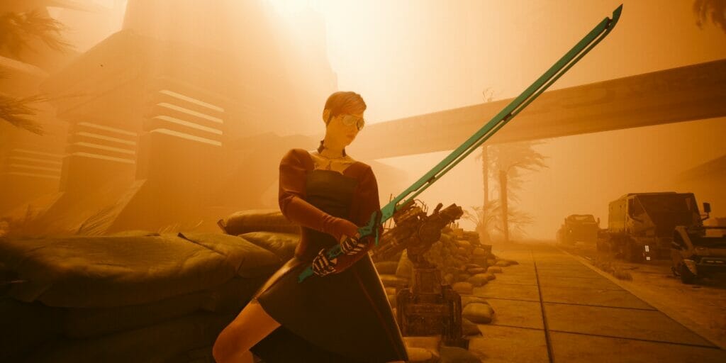 V poses with a katana in Cyberpunk 2077