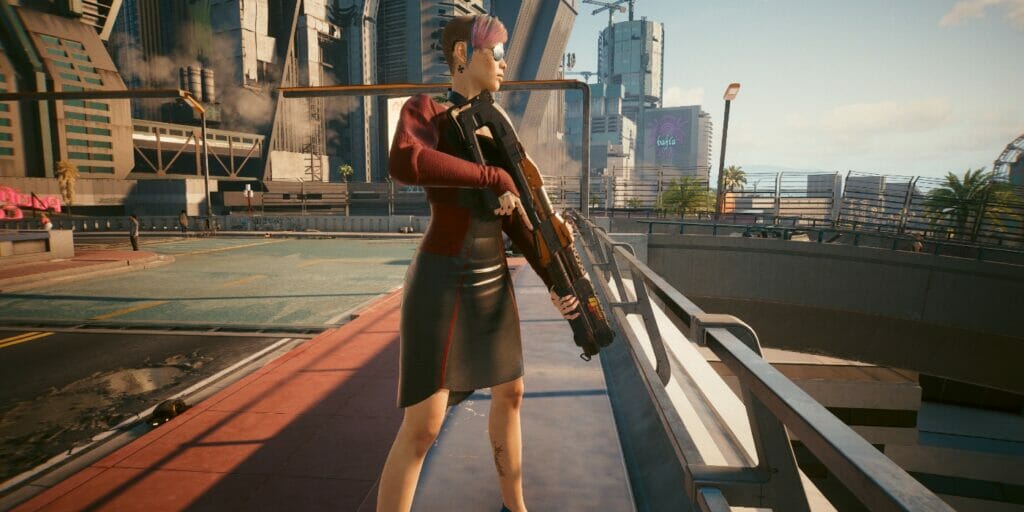 V holding a shotgun in Cyberpunk 2077